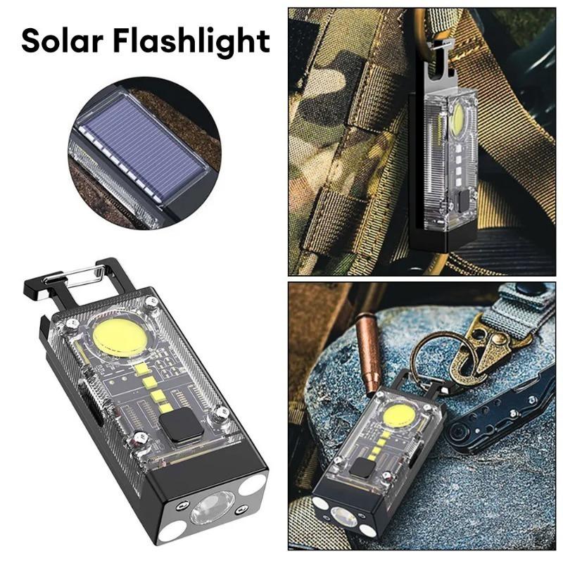 Solar Charging LED COB Keychain Light Type-C USB Rechargeable Portable Flashlight Built In Battery Waterproof for Power Outage Emergency