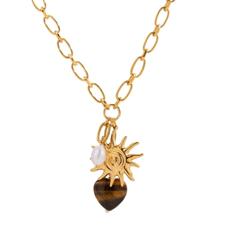 Natural Tigers Eye Crystals Heart Pendant Necklace Stainless Steel Chain Romance Designs Jewelry Gift 1