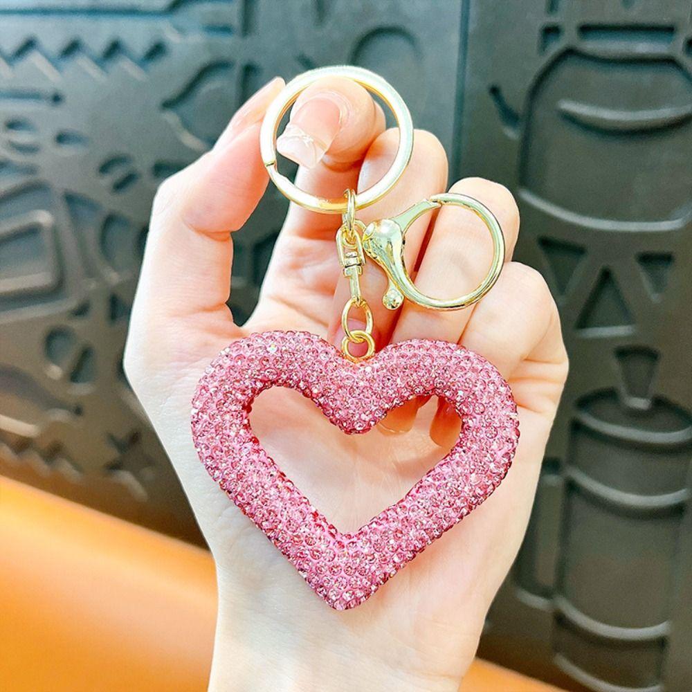 Inlaid Heart Full Diamond Love Keychain Leather Rope Hollow Water Diamond Key Pendant Love Full Diamond