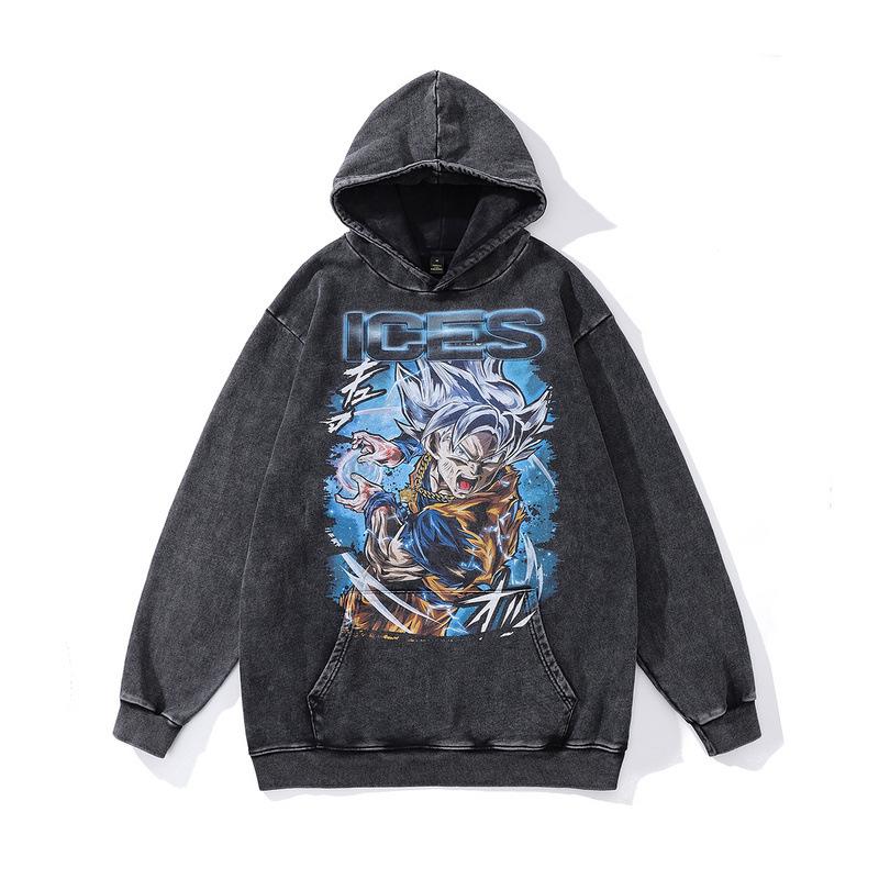 Japanese Cartoon Animation Direct Injection Printing Hooded Sweater Men'S Retro Washed Old Cotton Hoodie Men