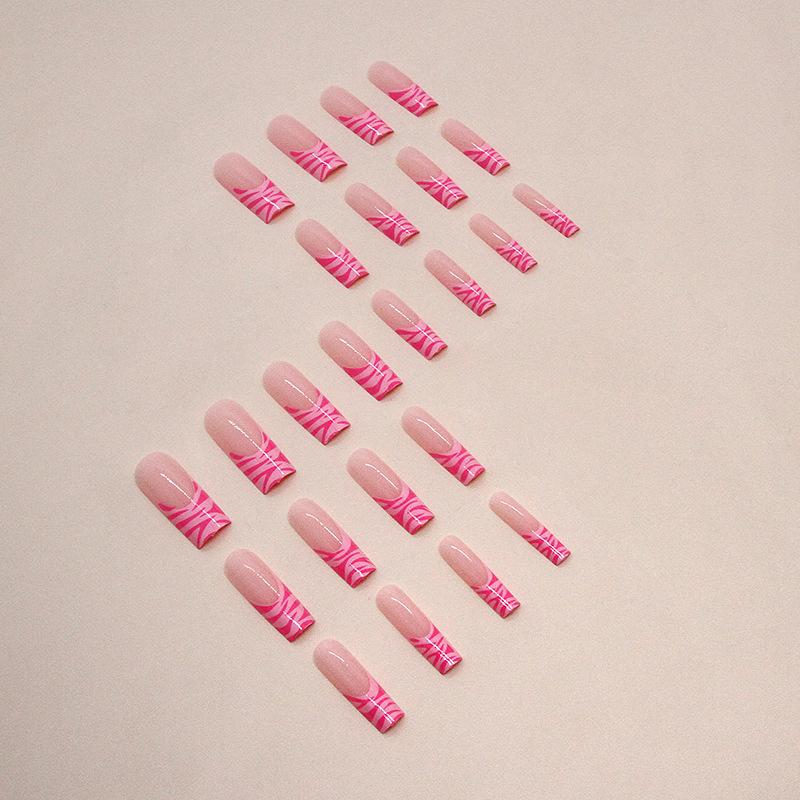 Pink French zebra pattern nail medium and long water pipe nail European and American sweet ins wind fake nail wearing nail