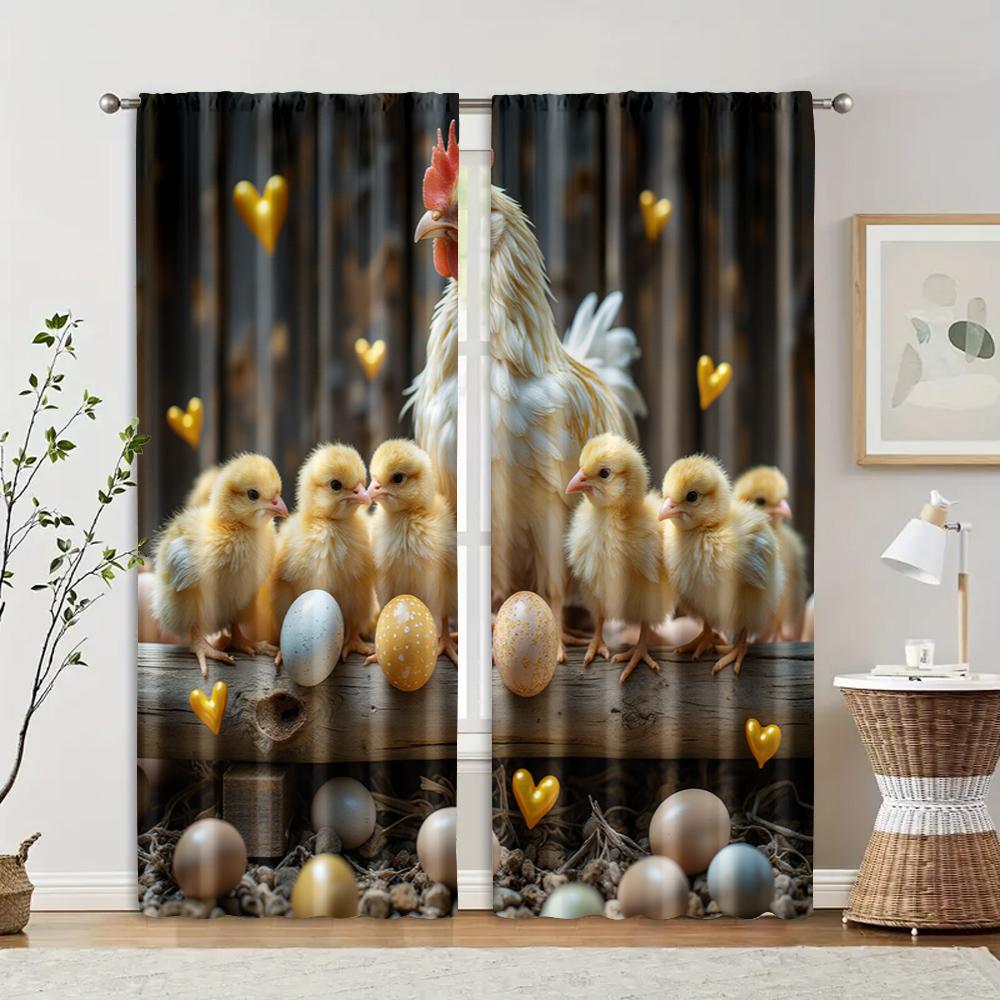 

Farmhouse Filtering Curtains Excluding Rods Non Movable Without Batteries Chickens Rooster Use Bedrooms Set Of 2 Made Polyester Bedroom Decor W100*H70(CM)-Rod Pocket&2PCS