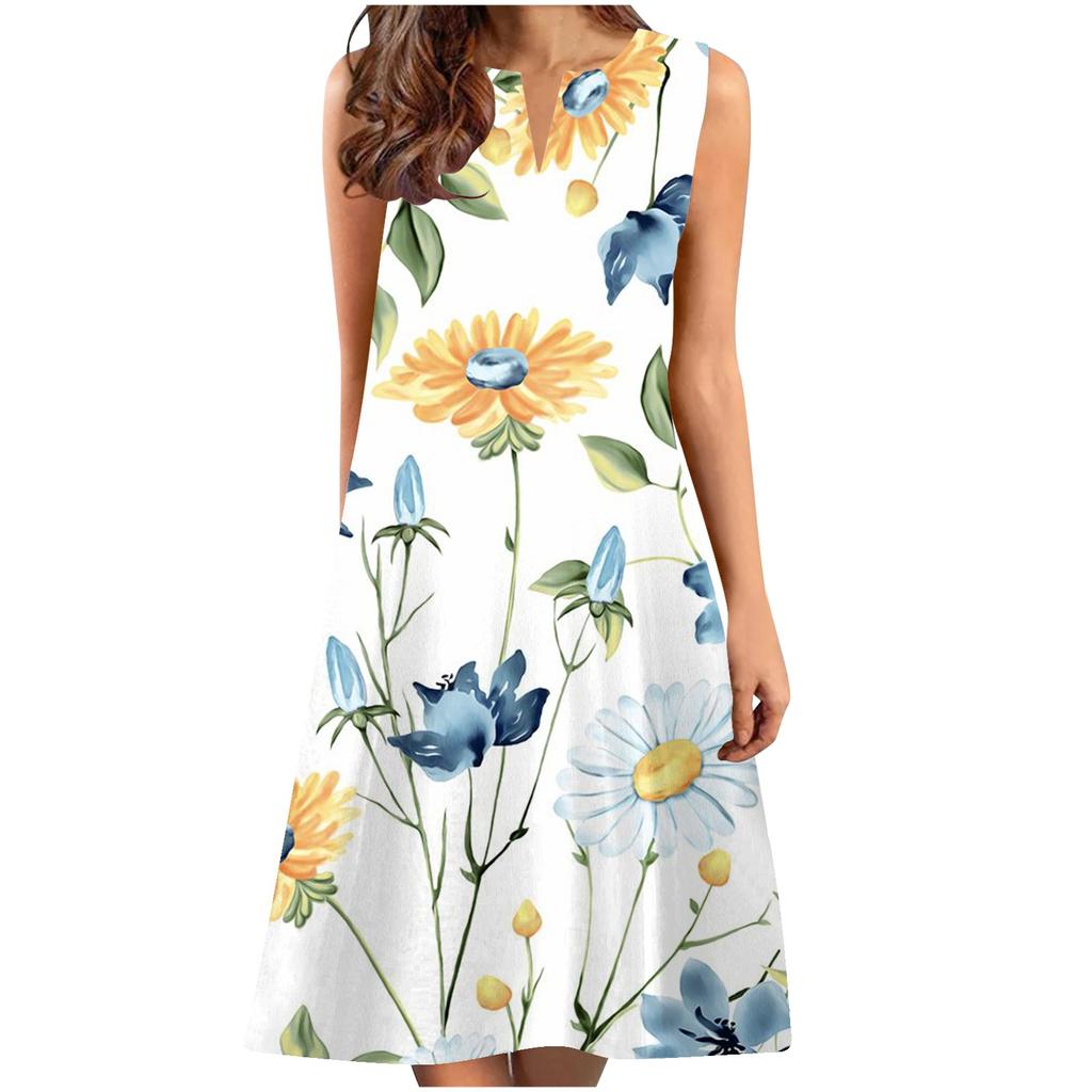 Mode Frauen V-ausschnitt Blumen Druck Ärmellose Tunika Kleider Plus Größe T-shirt Kleid