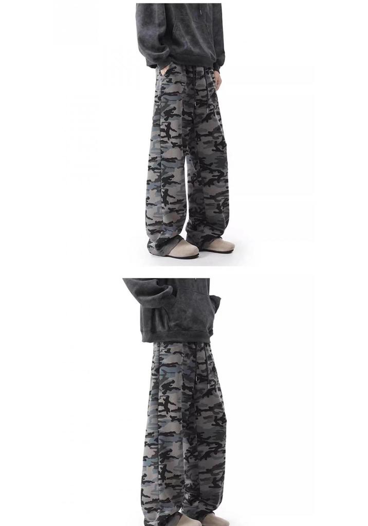 Unisex American Retro Camo Jogginghose: Hohe Taille, Gekrümmtes Bein, Herbsttrend