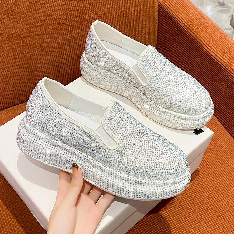 Women Casual Shoes  New Trend Thick Bottom Breathable Sneakers Women's Sports Shoe Rhinestone Flat White Platform Size 35-40