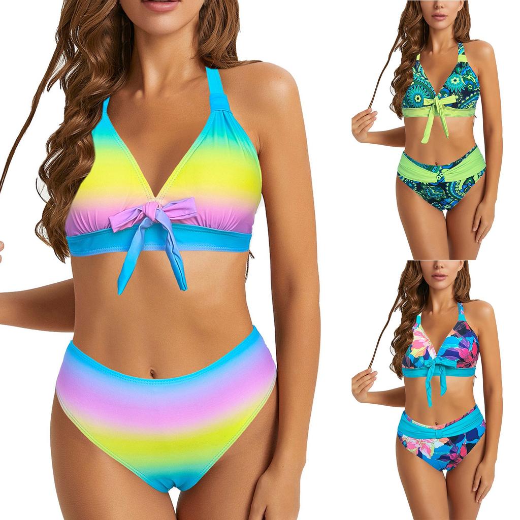 Ladies' Sexy Swimsuit With Suspender And Printed Two-piece Swimsuit Set