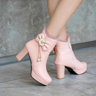 Fashion Sweet Bow Knot Crystal Chain Flower Women Wedding Party Dress Evening Shoes White Pink High Heels Ankle Boots Plus Size 34-43