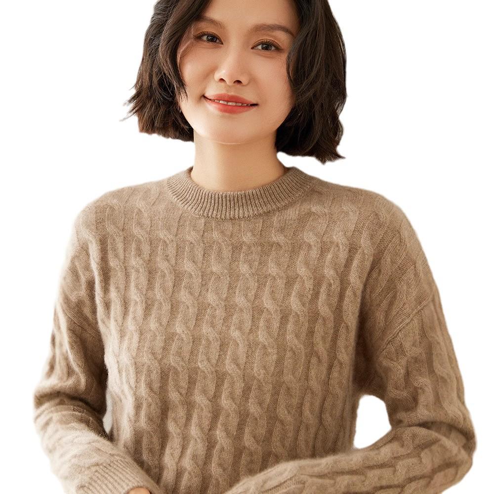 Women's Slim Fit Retro Cable Knit Cashmere Sweater - Round Neck Pullover, Base Layer for Autumn/Winter.