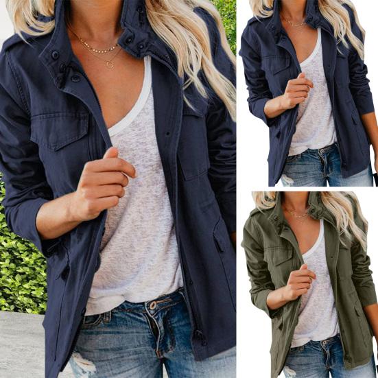 Versatile Women Jacket Solid Color Long Sleeve Lapel Coat Boyfriend Style Outerwear with Multiple Pockets