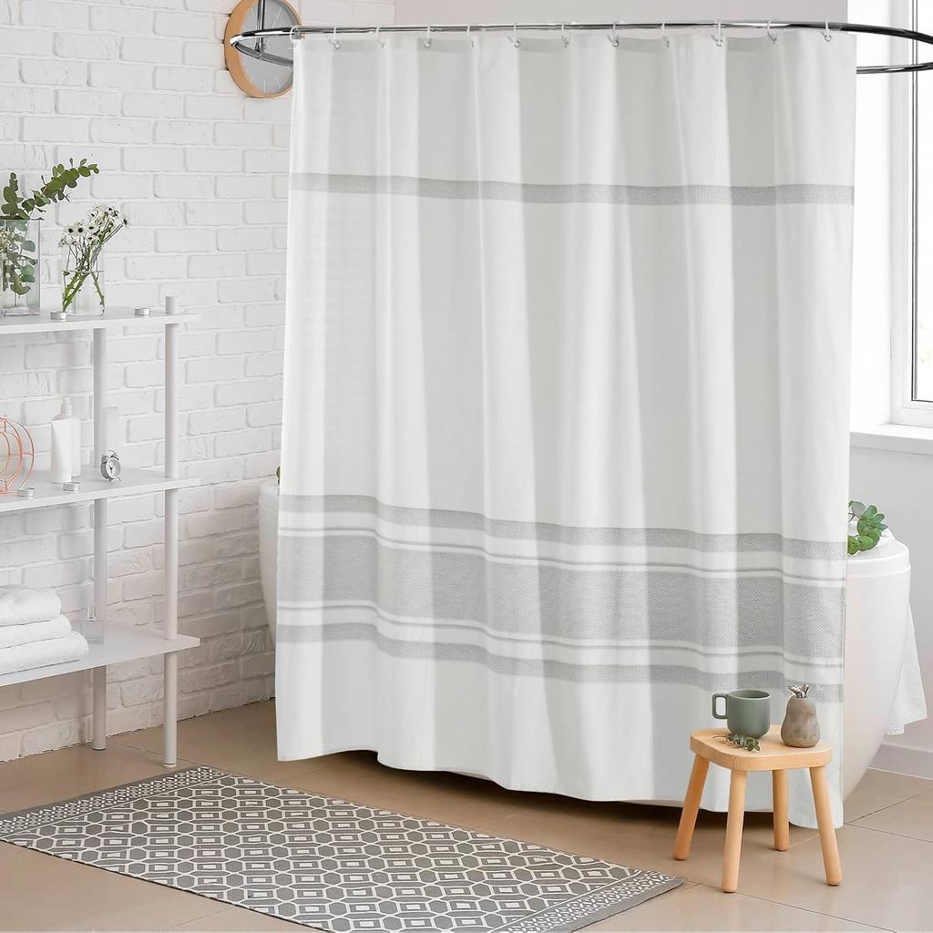 Seasonwood Shower Curtain White Gray Woven Striped 72 x 72Inches,Farmhouse Shabby Chic Striped Minimalist Bathroom Decor