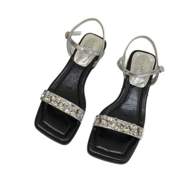 French rhinestone word with sandals thick heel high heels summer new silver cool slippers with skirt fairy shoes