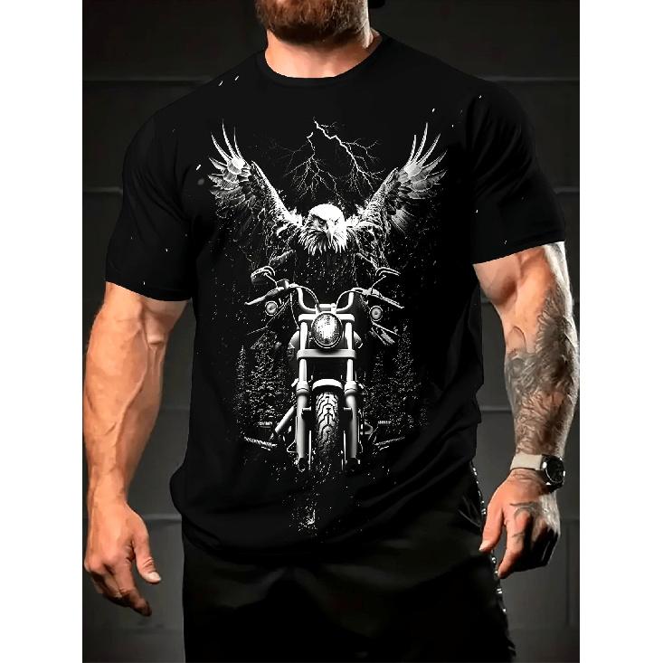 Herren Heavyweight 100% Baumwolle Motorrad Biker Rebell T-Shirt - Schwarz mit Adler Reiten, Totenkopf & Flügel Gothic Print - Ganzjahres-Freizeit-T-Shirt für