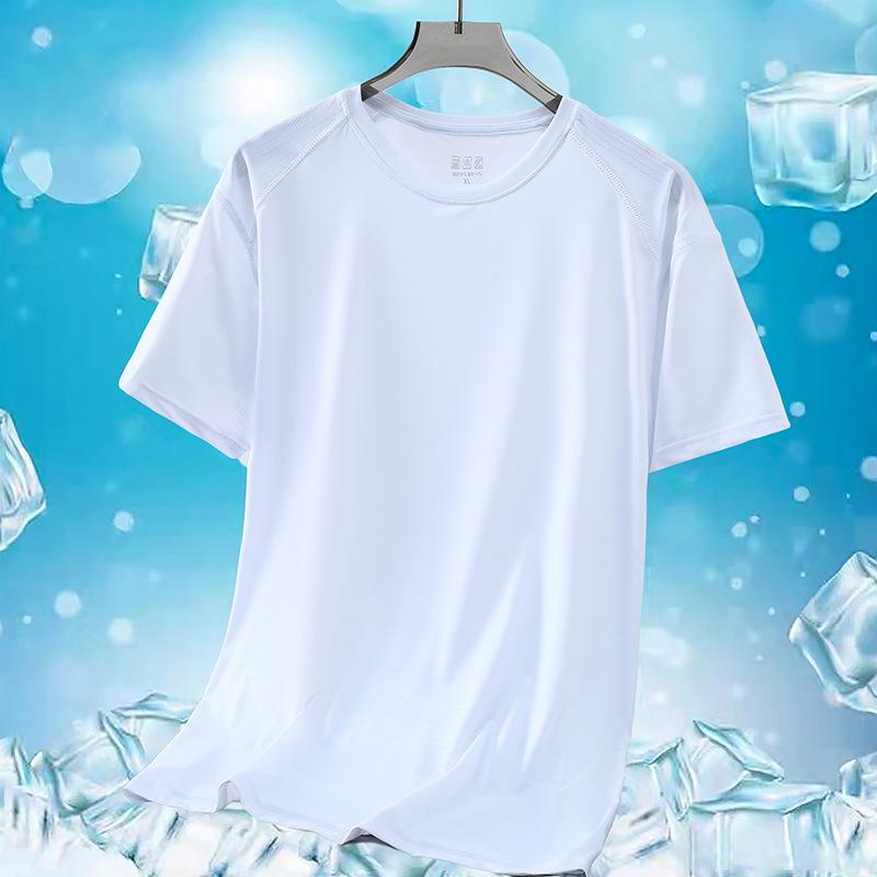 Camiseta masculina de verão com gola redonda, plus size, seda gelada, esportes ao ar livre e lazer, secagem rápida, manga curta, cor sólida