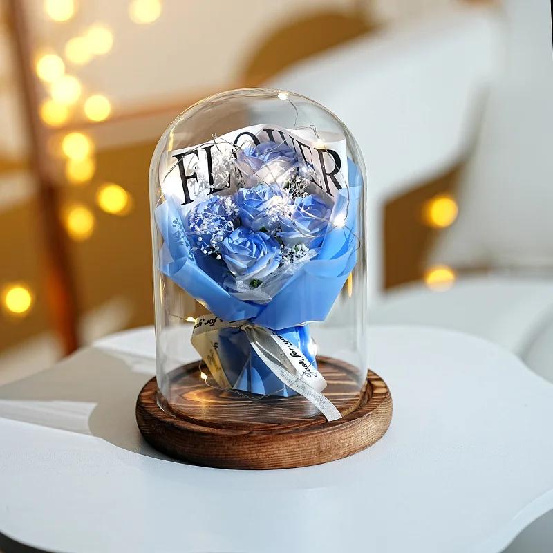 Real Dried Sunflower Bouquet with LED Light Real Eternal Roses Lamp Sunflower Glass Cover Graduation Valentine's Mother's Gift