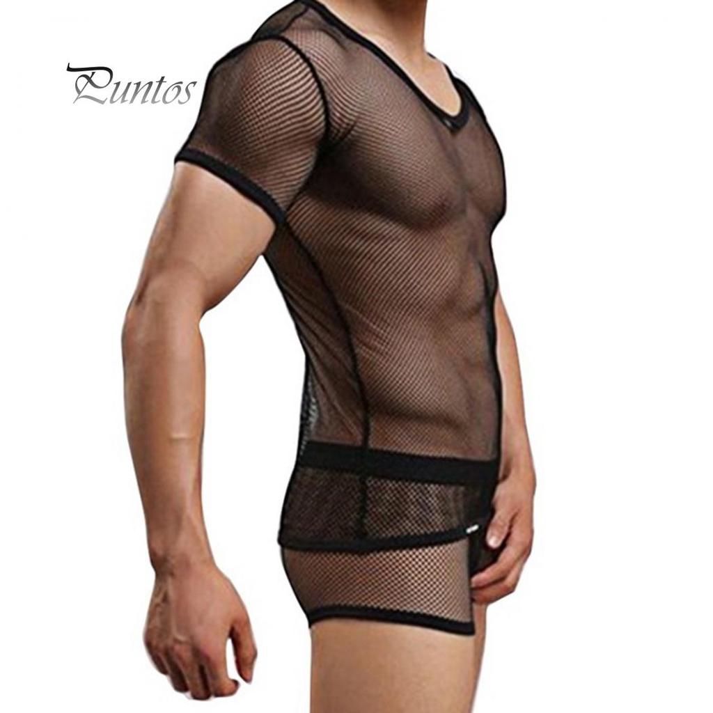 Sexy Men Mesh See Through T-Shirt Fishnet Clubwear Short Sleeve Top Undershirt