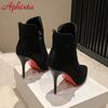 Aphixta 10cm Stilettos Winter Red Heels Zip Warm Black Ankle Boots Women Flock Footwear Shoes Women Super Big Size 47 48 49 50