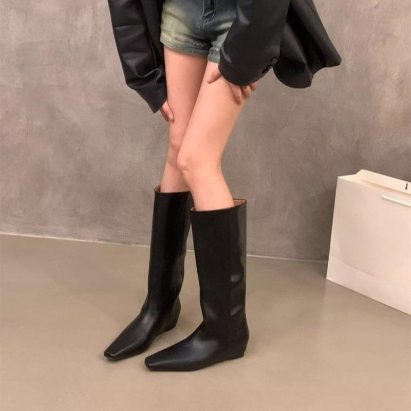 High Boots Fashion Square Toe Sleeve Soft Sole Non-Slip Inside Height Resistant Low Heel Shoes