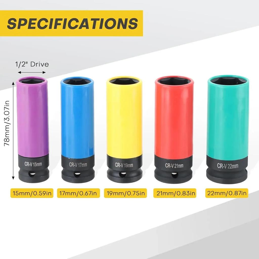 3/5pcs Impact Socket 15/17/19/21/22mm Hole Colorful Tire Protection Repair Disassembly Tool for Deep Impact Nut Driver Hand Tool