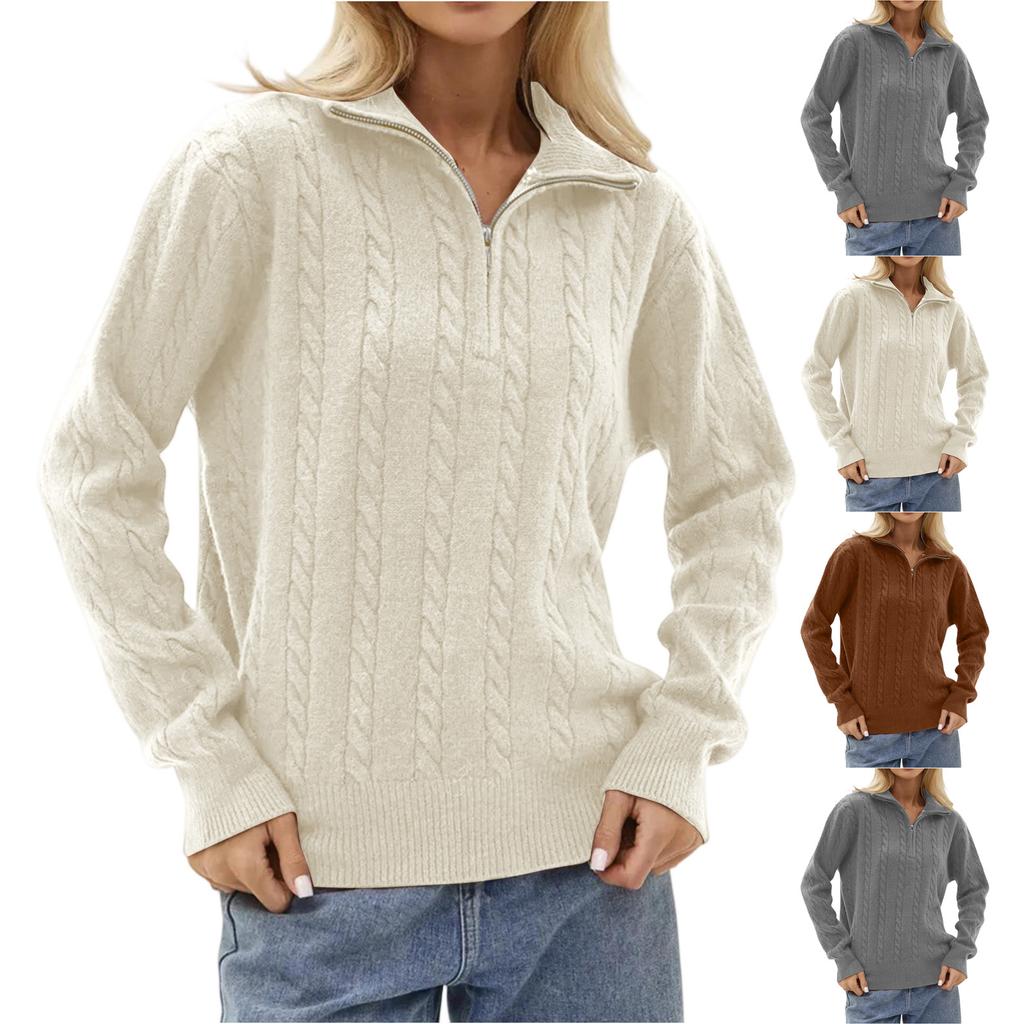 Women's Fashion Casual Loose Lazy Versatile Short Retro Cable Half Zip Long Sleeve Knit Sweater Pullover Sweater
