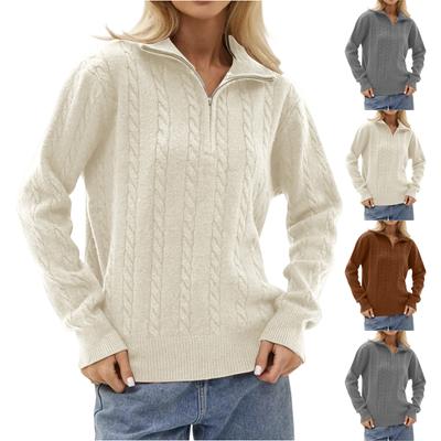 Women's Fashion Casual Loose Lazy Versatile Short Retro Cable Half Zip Long Sleeve Knit Sweater Pullover Sweater