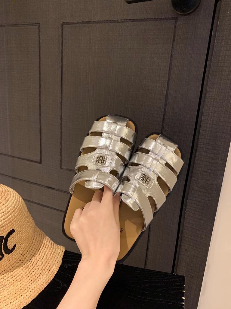 Cowhide version~ silver woven leather soft bottom half slippers women's summer hollow bag head Muller slippers French cool slippers