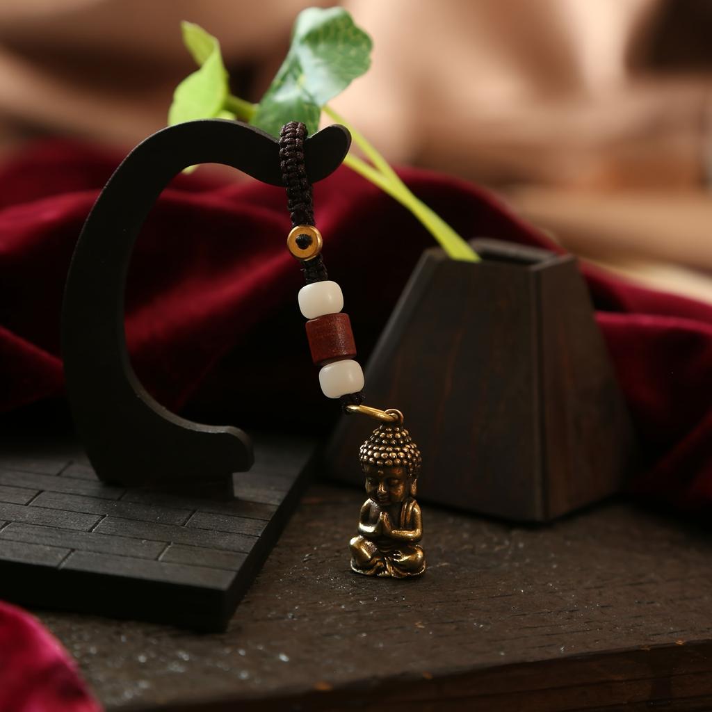 Vintage Bronze Copper Alloy Keychain with Buddha Pendants, Unplated Precious Metal Charm, Non-Textile Weaving, Car Keyring for Men and Women