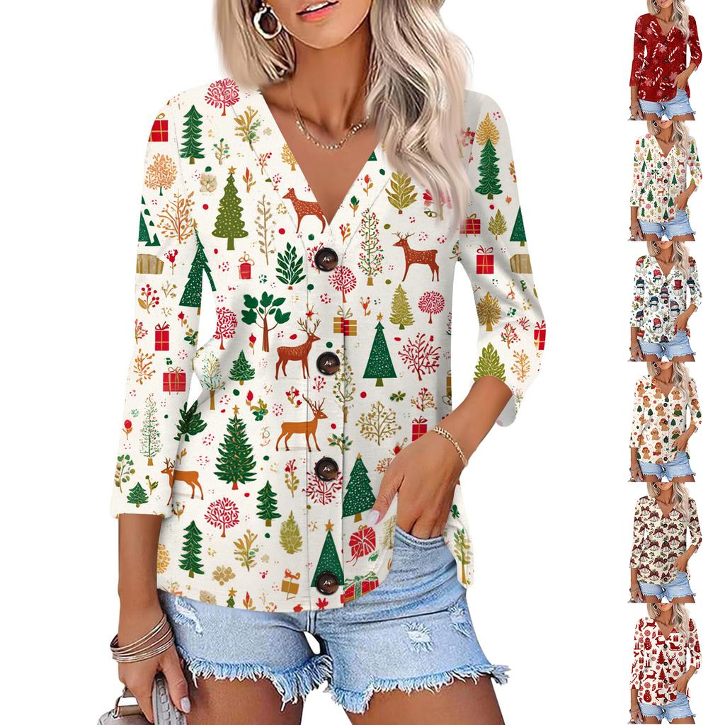 Damen Freizeit-Button-Down-Hemd mit Weihnachtsdruck und 3/4-Ärmeln für die Feiertage
