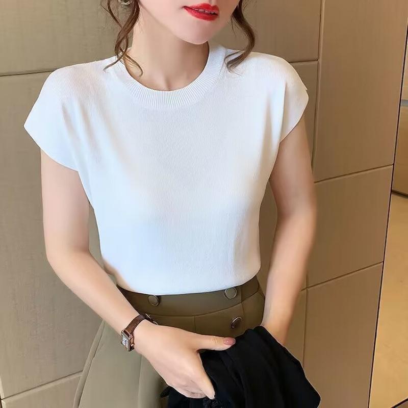 

Женский свитер с коротким рукавом из ледяного шелка, модный, высококлассный, универсальный топ, свободная футболка XXL