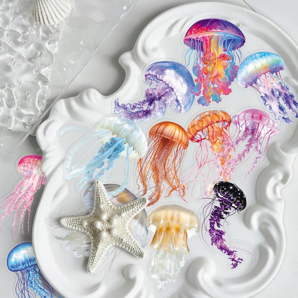 50 Jellyfish Marine Life Stickers for Luggage, Water Cups & Storage Boxes - Fun & Transparent Designs