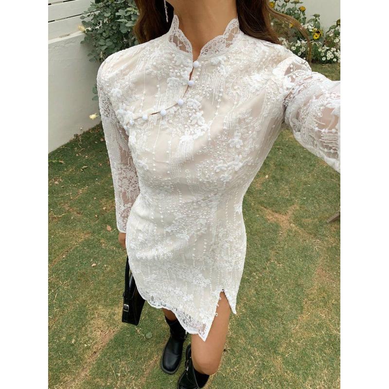 European summer Chinese style button design elegant lace splicing stand-up collar long-sleeved dress women XS белый