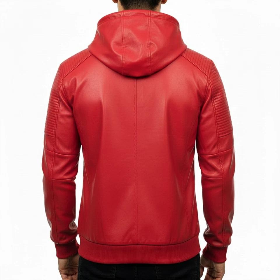 Soft Jacket Helloween Classic Lambskin Men's Leather Casual Handmade Red Slim Fit Biker Hoodie