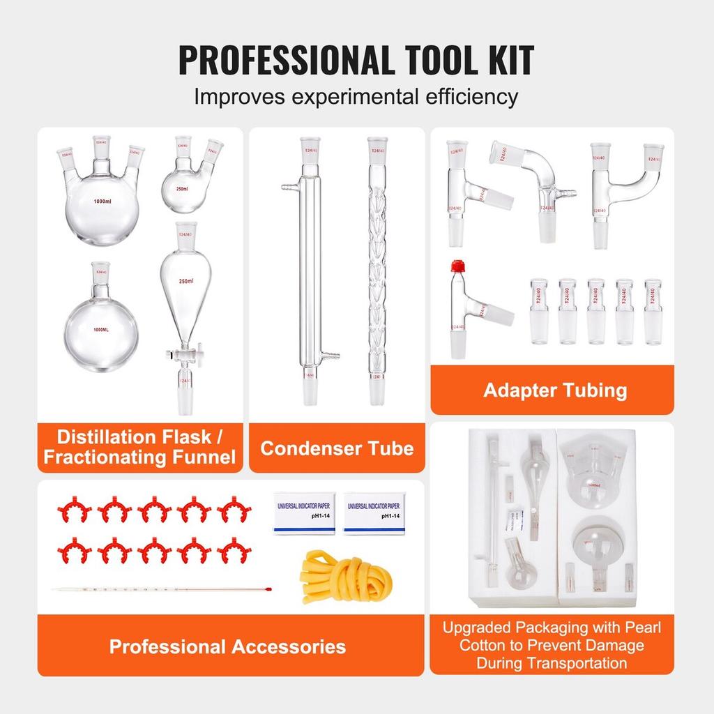 Lab Distillation Kit, 3.3 Boro Lab Glassware Distillation Kit with 24, 40 Joint, 1000ml Essential Oil Distillation Apparatus Kit, 29 Pcs Set of