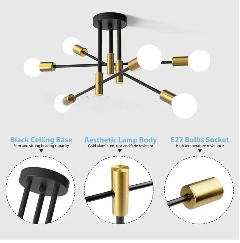 Prosty Żyrandol Sufitowy z Gałęziami Nowoczesny Nordycki E27 Czarno-Złoty LED Lampa Sufitowa Oświetlenie Restauracji Korytarza Balkonu