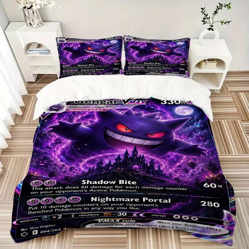 Gengar Vmax Shadow Bite Print 3Pcs Bedding Set,Duvet Cover with 2 Bedro,Pillowcase Home Birthday Gift