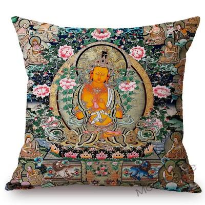 Colorful Blue Buddhism Artwork Bodhisattva Fortune God Sakyamuni Tangka Buddha Painting Sofa Pillow Case Linen Cushion Cover