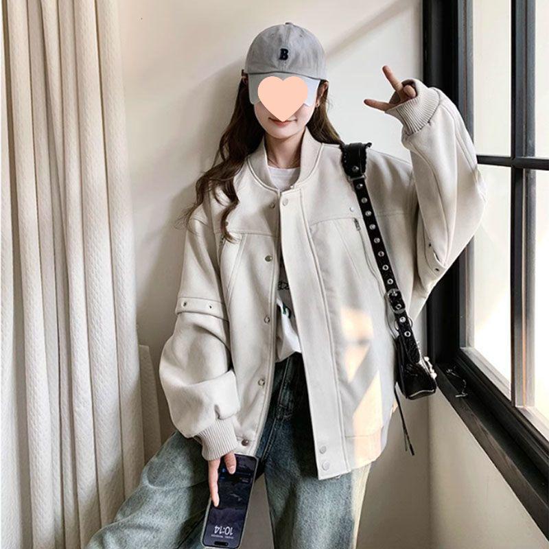 

Женская американская ретро бейсбольная куртка - Весна, Осень, Зима 2025 - Тяжелый металл Повседневная мода Топ S up to 100 lbs слоновая кость