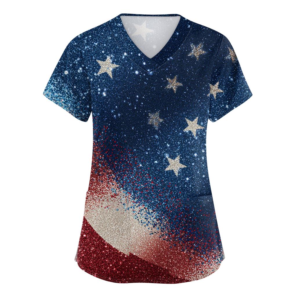 Women's Fashionable V-Neck Short-Sleeved Work Top With Pockets And Independence Day Print  Uniform