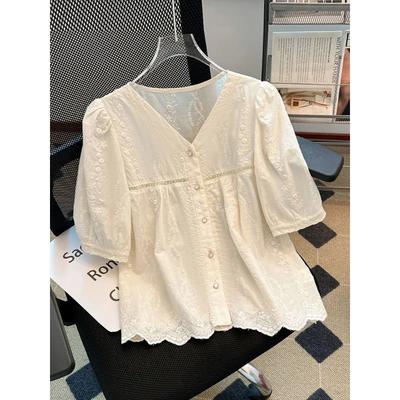 Women's Ivory Embroidered Blouse Puff Sleeve with Scalloped Lace Hem Floral Embroidery