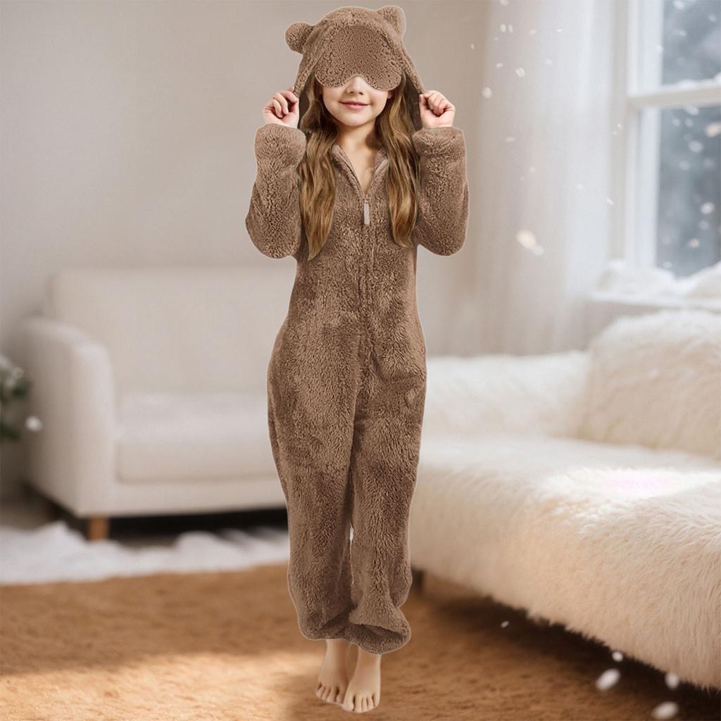 Children's Fashion Solid Colour Autumn/Winter Plush Hooded Onesie Loungewear Pyjamas With Eye Mask
