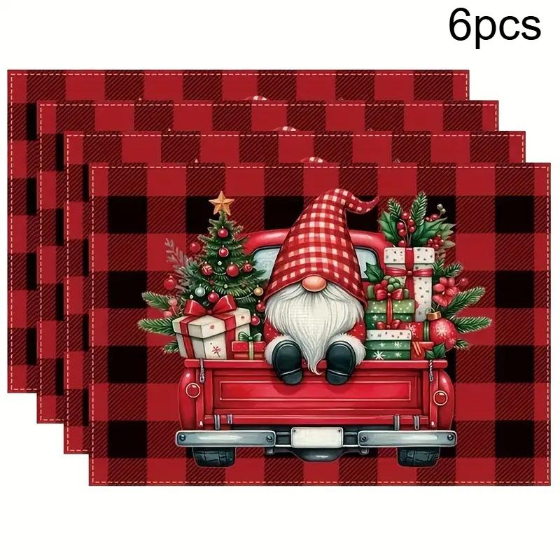 4/6pcs Christmas Plaid Gnome Truck Red Black Plaid Santa Claus Placemats Everyday Holiday Decor for Home Kitchen Restaurant