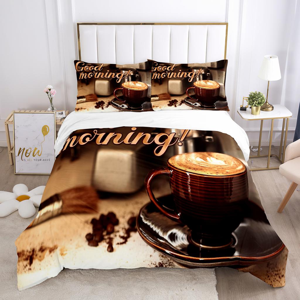 Good Morning Duvet Cover Set Microfiber Coffee Rose Cozy Breakfast Twin Bedding Set Double Queen King Size 2/3pcs Quilt Cover