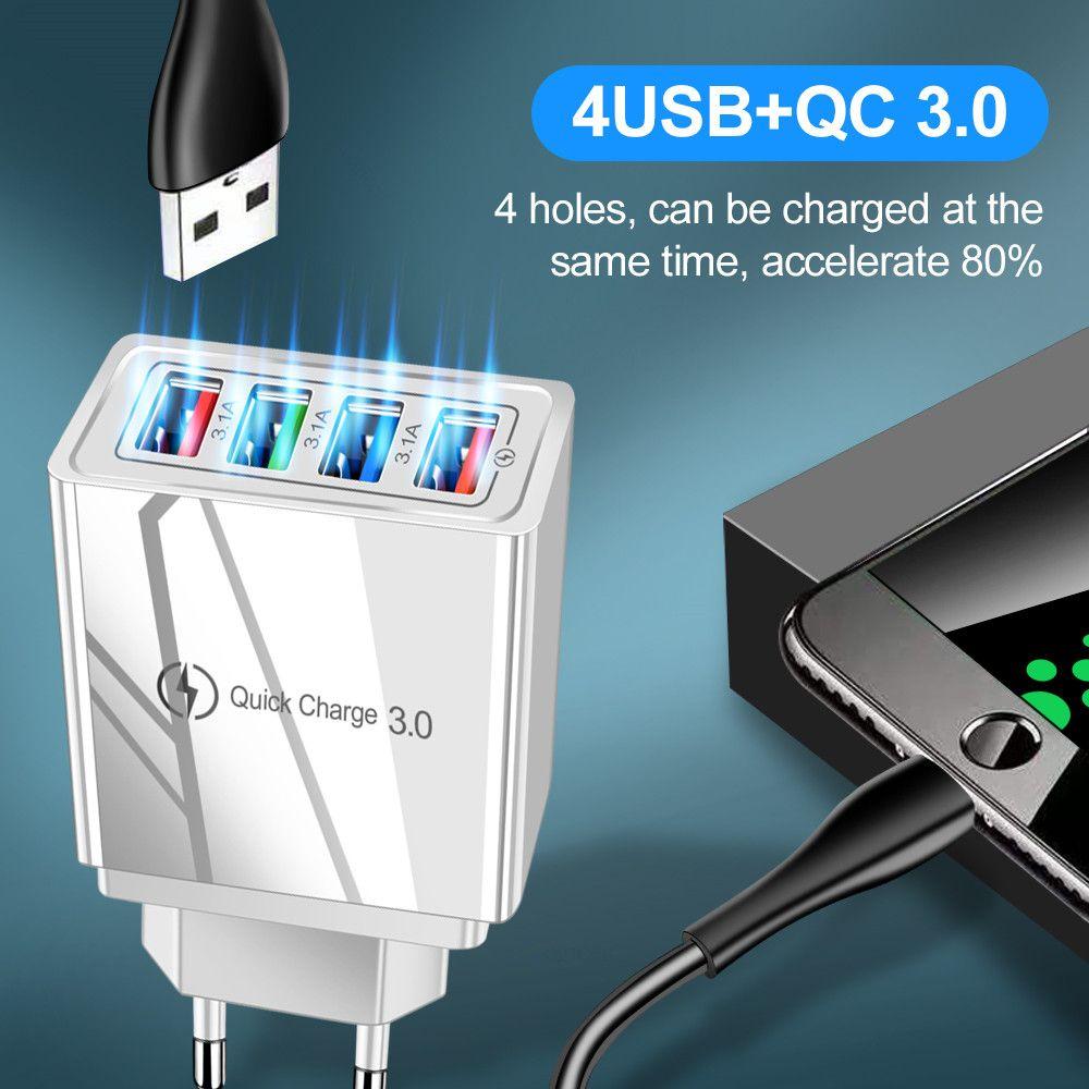 3A Charger Travel Portable Phone Adapter USB Charger 4-Port Quick Charge EU/US Plug