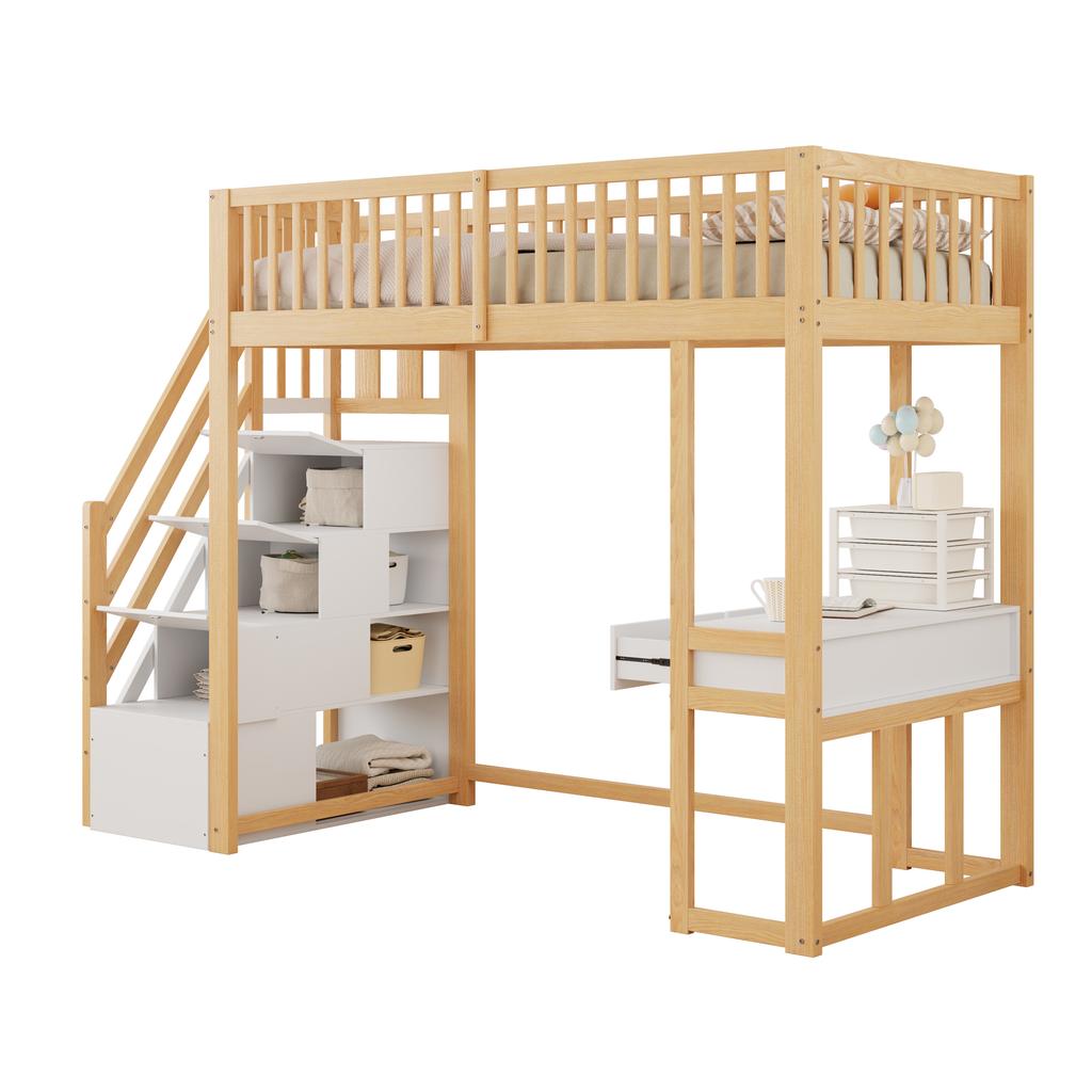 90x200 Loft Bed with Multifunctional Table, Safe Storage Staircase, Bed Frame Made of Solid Pine Wood for Children and Teenagers White