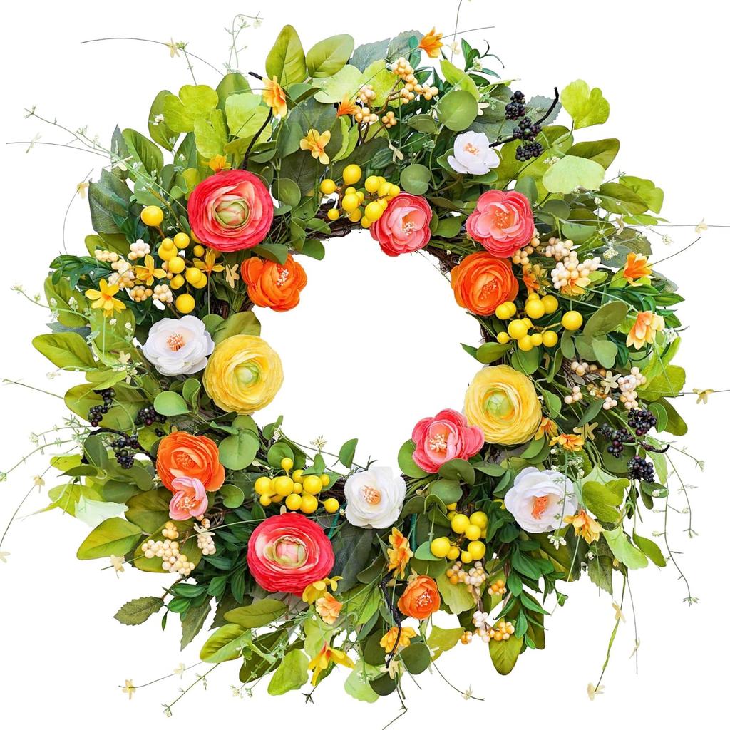 Spring Wreaths for Front Door, Soomeir Summer Peony Outdoor Wreath, Green Floral Door Decor for All Season Home Wall Wedding Farmhouse Holiday