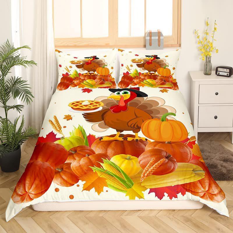 Turkey Three-Piece Quilt Cover 3D Digital Printing Bedding Autumn Pumpkin Maple Leaf Bed Cover