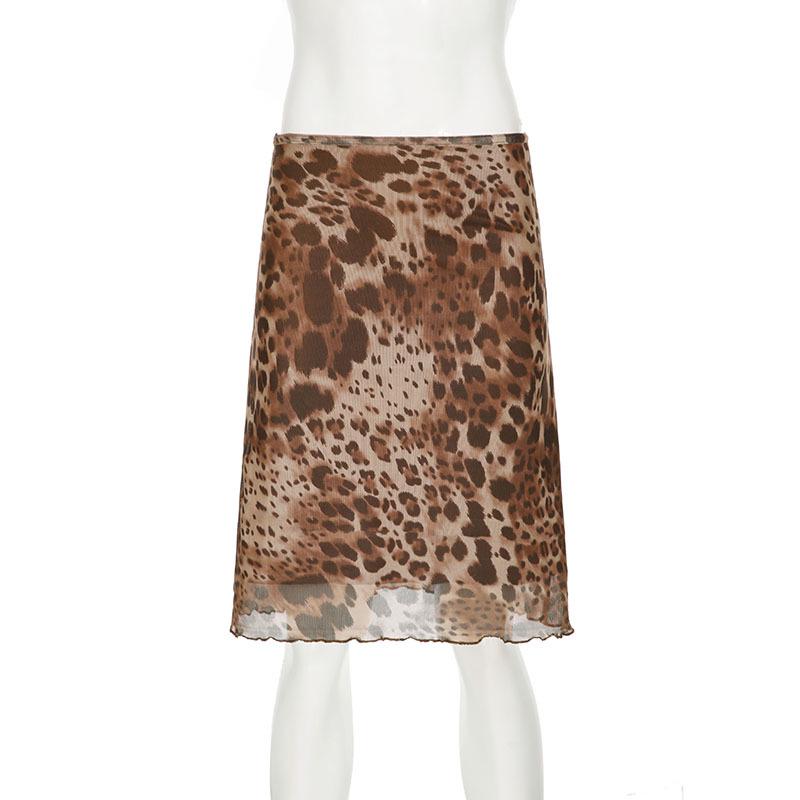 American Retro Leopard Print Mesh High Waist A-Line Skirt