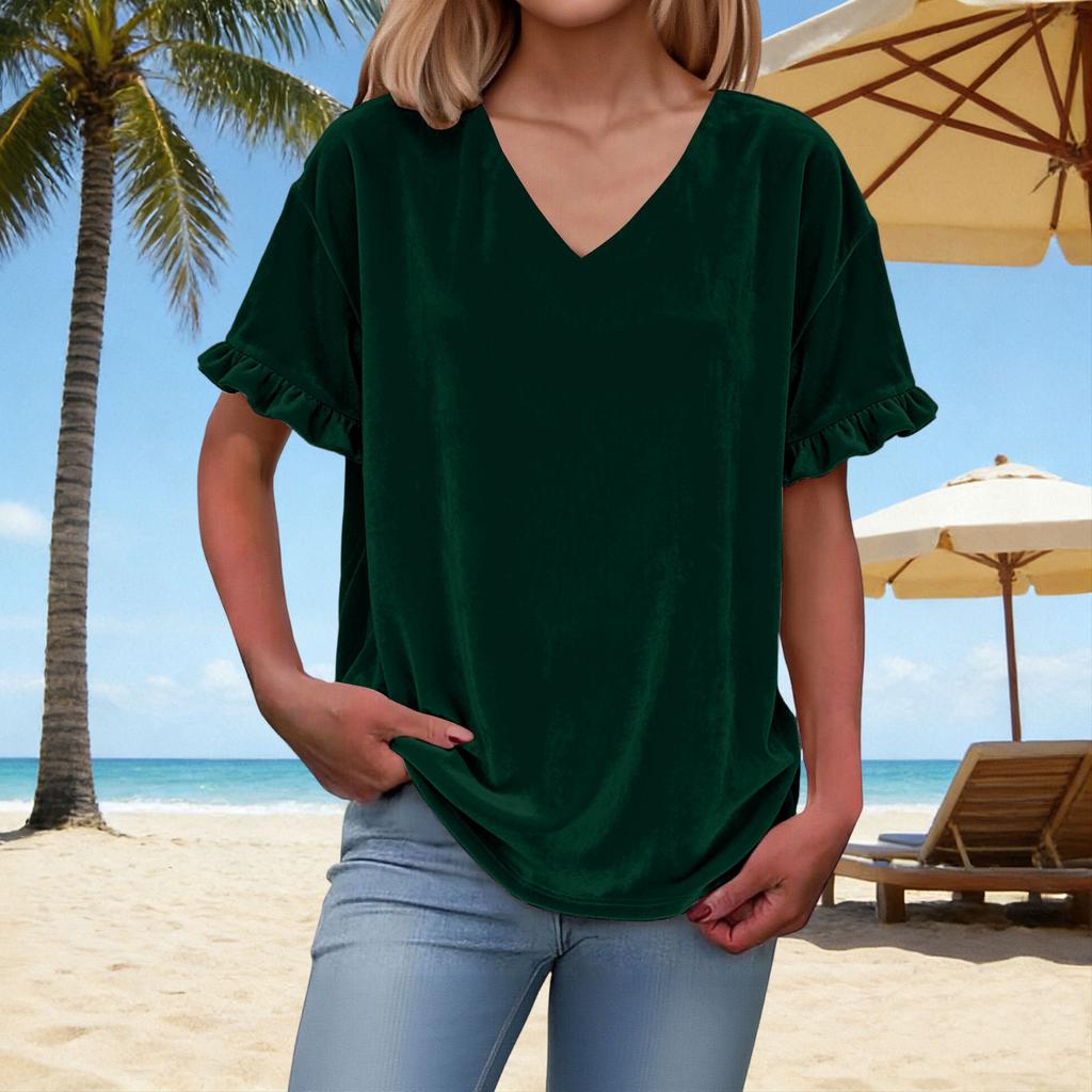 Women's Fashion V-Neck Short-Sleeve T-Shirt: -Color, Loose-Fit Casual Top