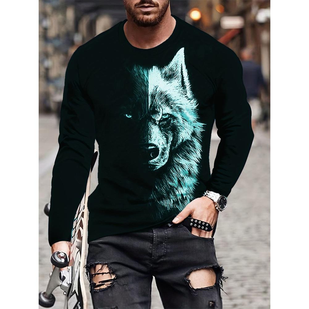 Animal Print Men's Long Sleeve T-shirt Spring And Autumn Men's Daily Casual Top 3D Wolf Print Men's Fashion Long Sleeve T-shirt