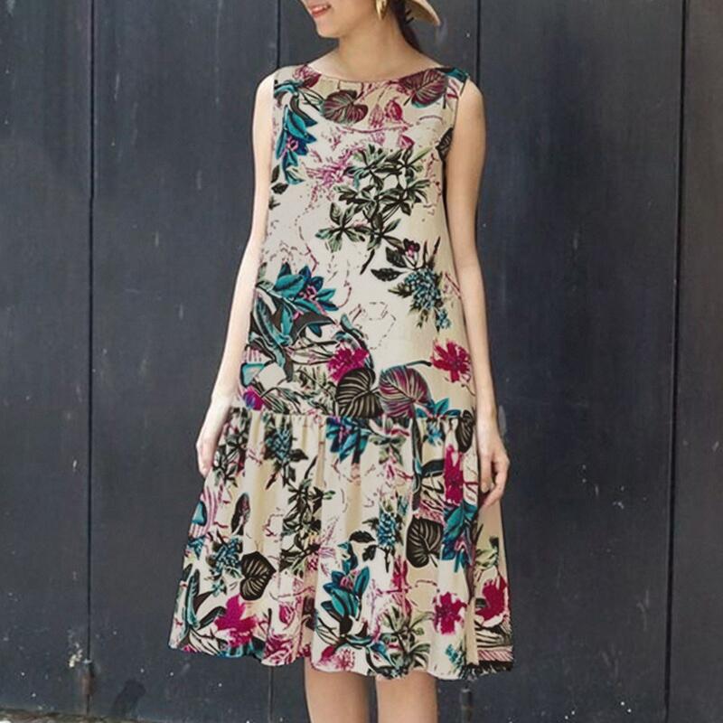 

ZANZEA Женское повседневное платье без рукавов с круглым вырезом и цветочным принтом 5XL красный