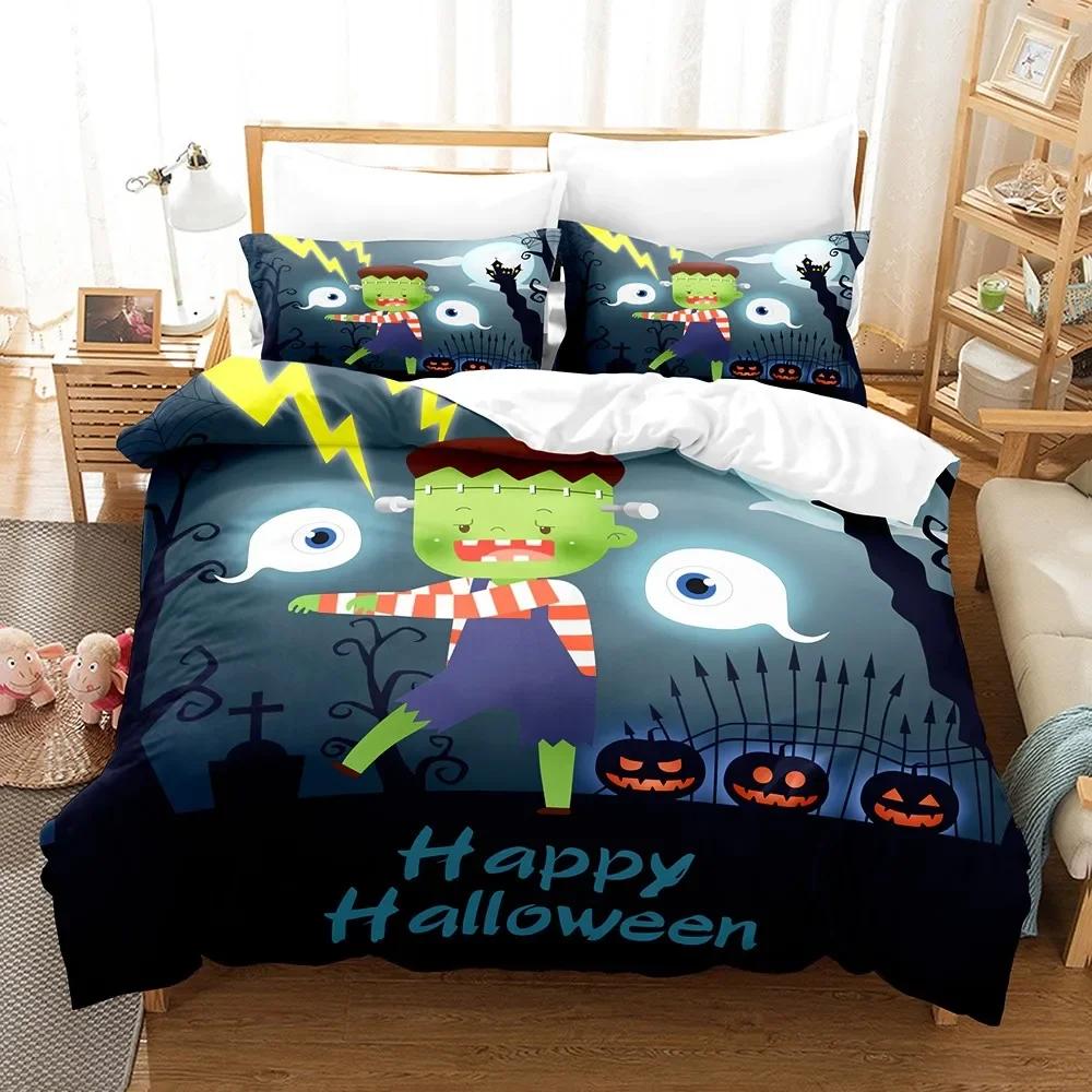3Pcs Halloween Bedding Set Cartoon Skeleton Pattern Bedroom Decor Soft Fiber For Kids Halloween Decoration Bedding Set